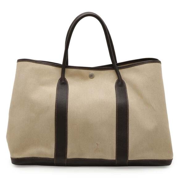 HERMES Garden MM Tote Bag, Handbag, Shoulder Tote, Toile H Leather, Beige, Da... - Picture 2 of 9